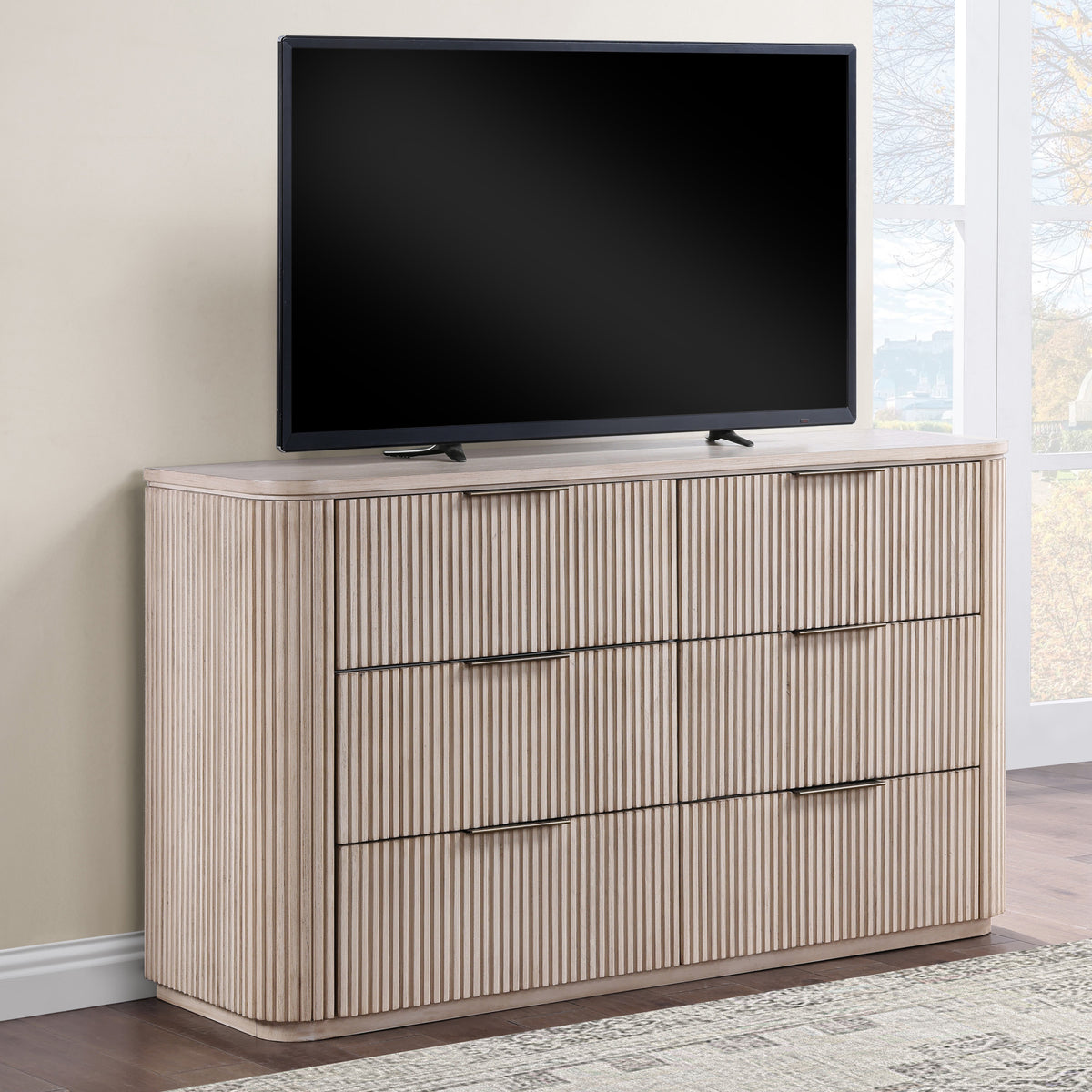 Henry 65″ 6-Drawer Reeded Dresser and Mirror, Tan Finish from Steve Silver - Luna Furniture