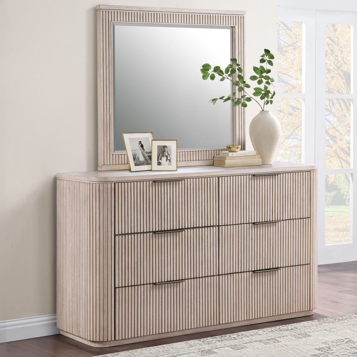 Henry 65″ 6-Drawer Reeded Dresser and Mirror, Tan Finish from Steve Silver - Luna Furniture