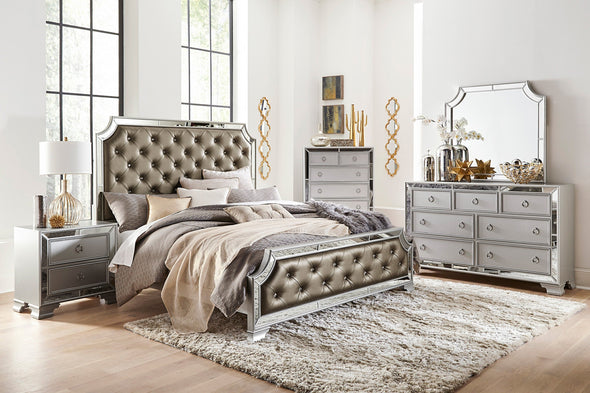 Avondale Silver Queen Mirrored Upholstered Panel Bed - Luna Furniture