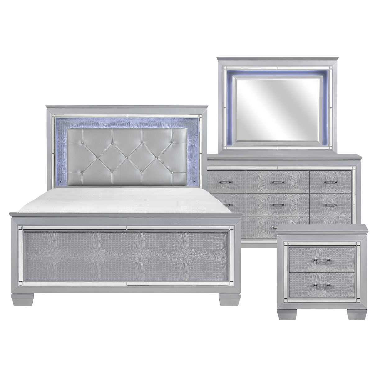 Allura Silver 4-Piece Bedroom Set (Queen Bed, Nightstand, Dresser, Mirror) from Homelegance - Luna Furniture