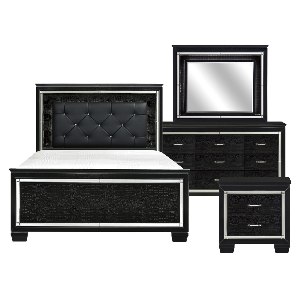 Allura Black 4-Piece Bedroom Set (Queen Bed, Nightstand, Dresser, Mirror) from Homelegance - Luna Furniture