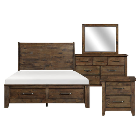 Jerrick Burnished Brown 4-Piece Queen Sleigh Storage Platform Bedroom Set (Queen Bed, Nightstand, Dresser, Mirror) from Homelegance - Luna Furniture