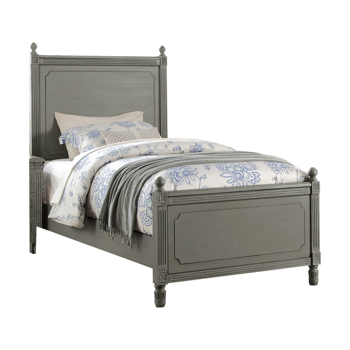 Aviana Antique twin bed, antique gray finish, paneled headboard and footboard, front view