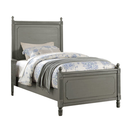 Aviana Antique twin bed, antique gray finish, paneled headboard and footboard, front view