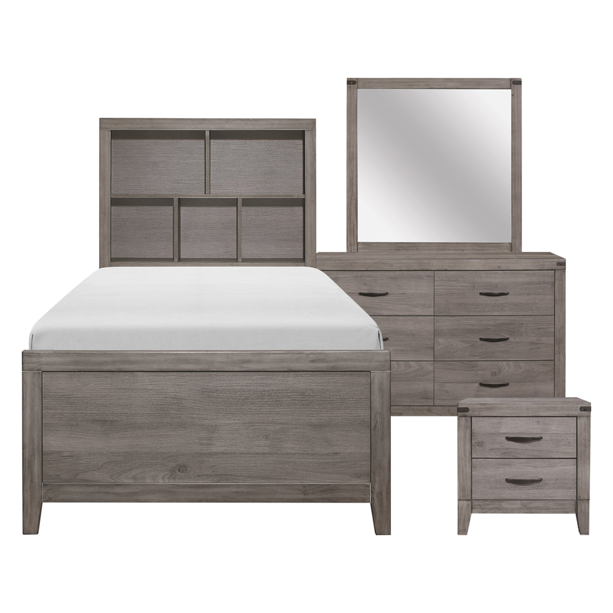 Woodrow Brownish Gray 4-Piece Twin Bedroom Set (Twin Bed, Nightstand, Dresser, Mirror) from Homelegance - Luna Furniture