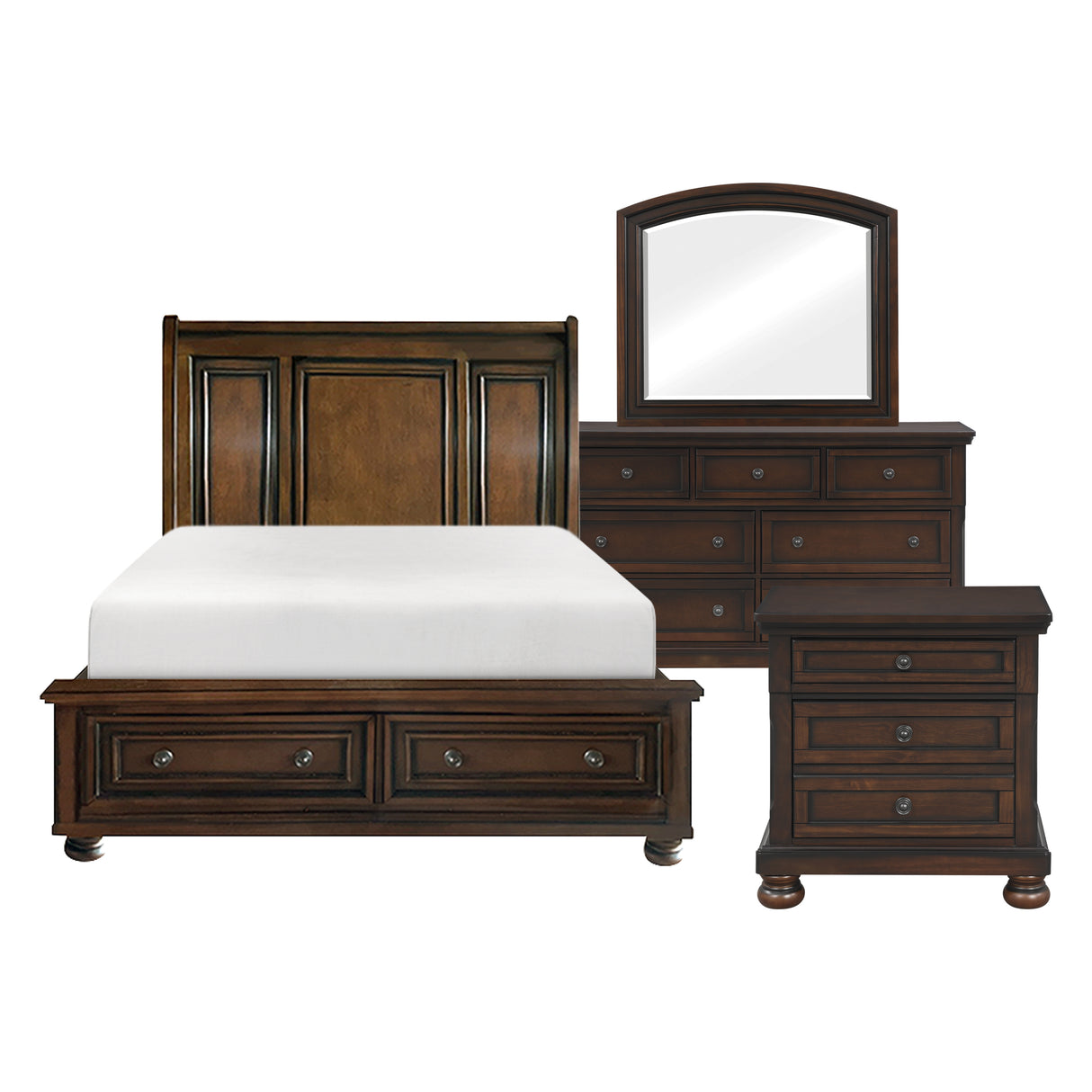 Cumberland Brown Cherry 4-Piece Bedroom Set (Queen Bed, Nightstand, Dresser, Mirror) from Homelegance - Luna Furniture