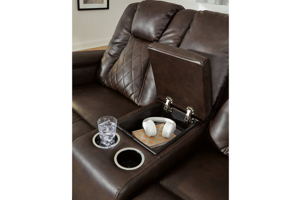 Mancin Chocolate Reclining Loveseat with Console
