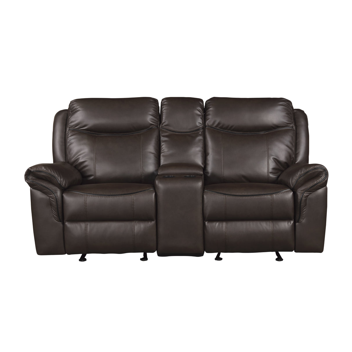 Aram Dark Brown Faux Leather Double Glider Reclining Loveseat with Center Console, Receptacles and USB Ports from Homelegance - Luna Furniture