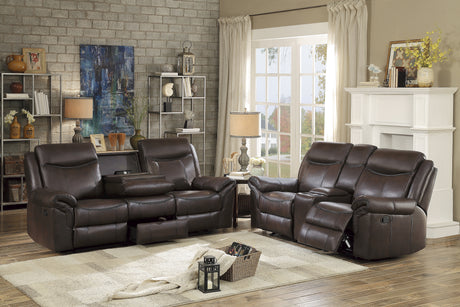 Aram Dark Brown Faux Leather Double Glider Reclining Loveseat with Center Console, Receptacles and USB Ports from Homelegance - Luna Furniture