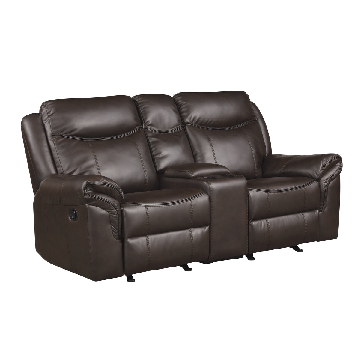 Aram Dark Brown Faux Leather Double Glider Reclining Loveseat with Center Console, Receptacles and USB Ports from Homelegance - Luna Furniture