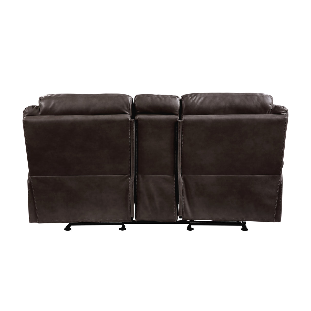 Aram Dark Brown Faux Leather Double Glider Reclining Loveseat with Center Console, Receptacles and USB Ports from Homelegance - Luna Furniture
