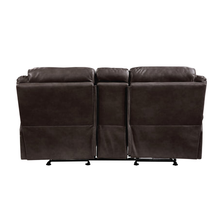 Aram Dark Brown Faux Leather Double Glider Reclining Loveseat with Center Console, Receptacles and USB Ports from Homelegance - Luna Furniture