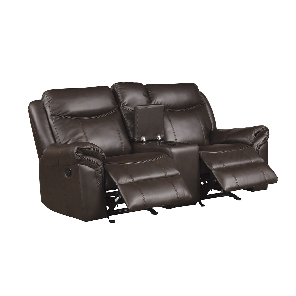 Aram Dark Brown Faux Leather Double Glider Reclining Loveseat with Center Console, Receptacles and USB Ports from Homelegance - Luna Furniture