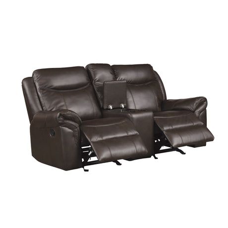 Aram Dark Brown Faux Leather Double Glider Reclining Loveseat with Center Console, Receptacles and USB Ports from Homelegance - Luna Furniture