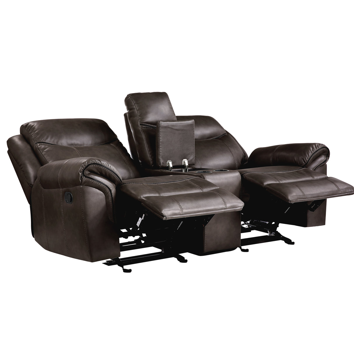 Aram Dark Brown Faux Leather Double Glider Reclining Loveseat with Center Console, Receptacles and USB Ports from Homelegance - Luna Furniture