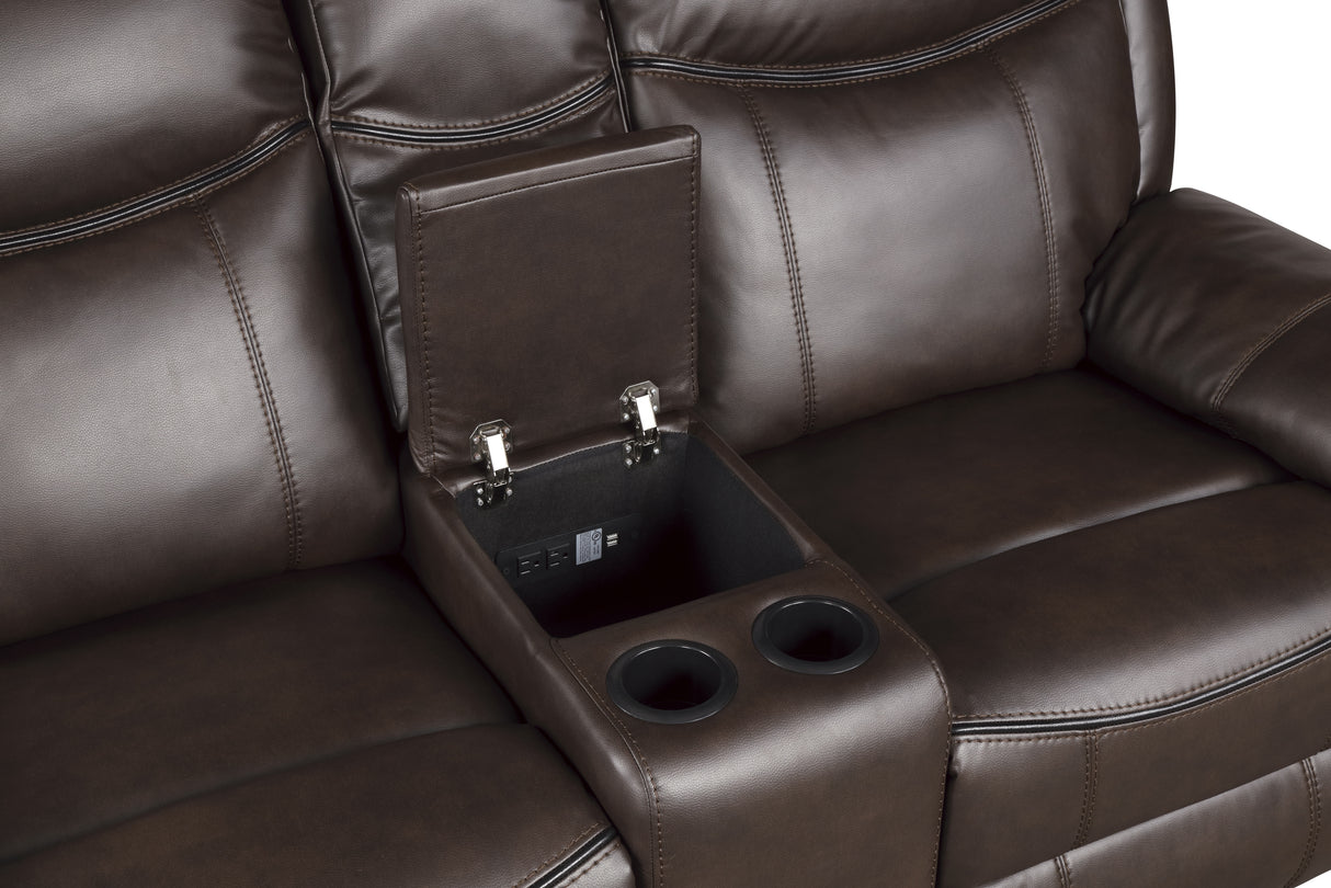 Aram Dark Brown Faux Leather Double Glider Reclining Loveseat with Center Console, Receptacles and USB Ports from Homelegance - Luna Furniture