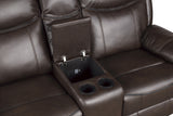 Aram Dark Brown Faux Leather Double Glider Reclining Loveseat with Center Console, Receptacles and USB Ports from Homelegance - Luna Furniture