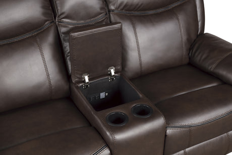 Aram Dark Brown Faux Leather Double Glider Reclining Loveseat with Center Console, Receptacles and USB Ports from Homelegance - Luna Furniture