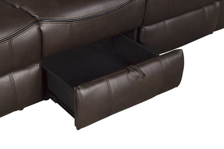 Aram Dark Brown Faux Leather Double Reclining Sofa with Center Drop-Down Cup Holders, Receptacles, Hidden Drawer and USB Ports from Homelegance - Luna Furniture