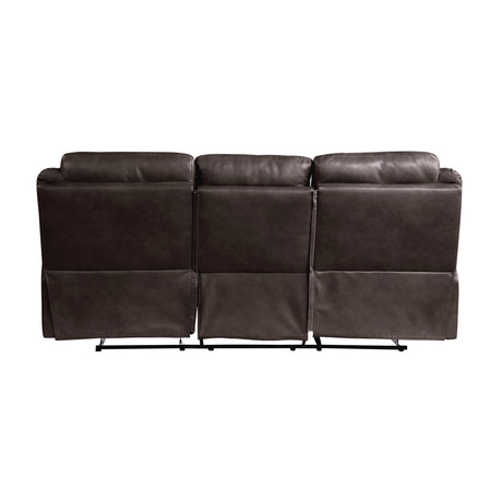 Aram Dark Brown Faux Leather Double Reclining Sofa with Center Drop-Down Cup Holders, Receptacles, Hidden Drawer and USB Ports from Homelegance - Luna Furniture