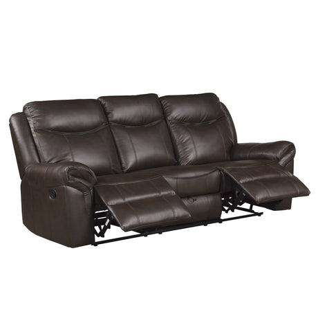 Aram Dark Brown Faux Leather Double Reclining Sofa with Center Drop-Down Cup Holders, Receptacles, Hidden Drawer and USB Ports from Homelegance - Luna Furniture