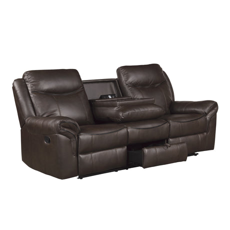 Aram Dark Brown Faux Leather Double Reclining Sofa with Center Drop-Down Cup Holders, Receptacles, Hidden Drawer and USB Ports from Homelegance - Luna Furniture
