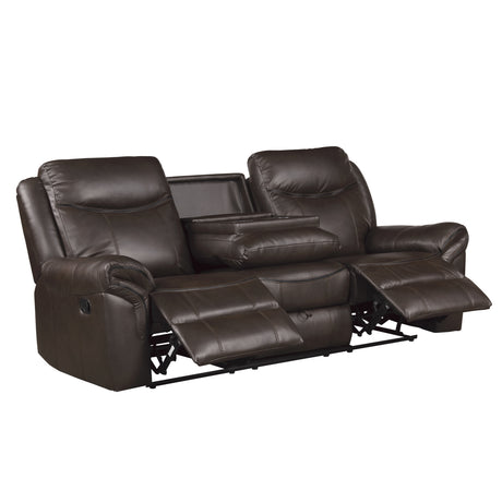 Aram Dark Brown Faux Leather Double Reclining Sofa with Center Drop-Down Cup Holders, Receptacles, Hidden Drawer and USB Ports from Homelegance - Luna Furniture