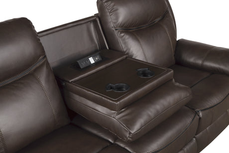 Aram Dark Brown Faux Leather Double Reclining Sofa with Center Drop-Down Cup Holders, Receptacles, Hidden Drawer and USB Ports from Homelegance - Luna Furniture