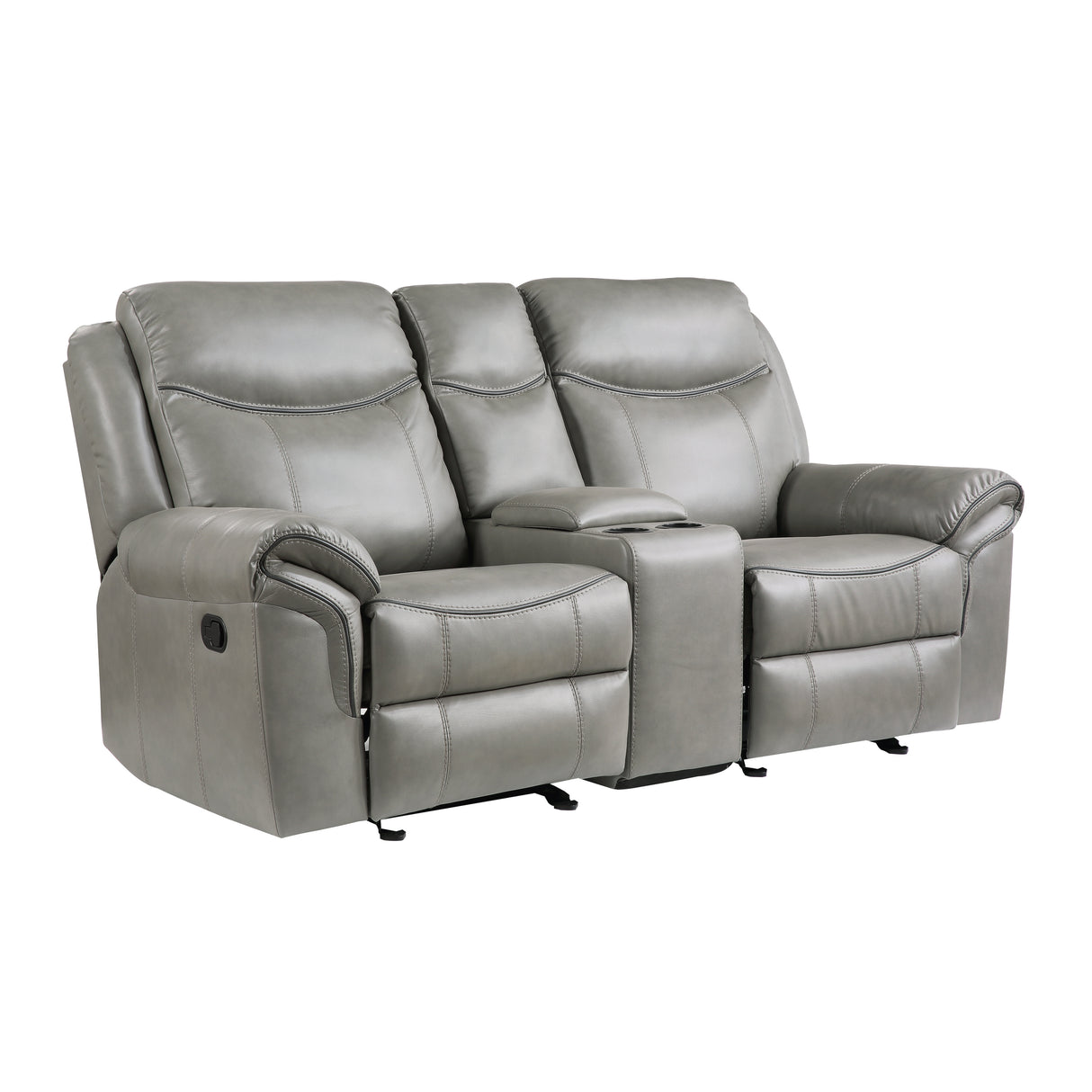 Aram Gray Faux Leather Double Glider Reclining Loveseat with Center Console, Receptacles and USB Ports from Homelegance - Luna Furniture