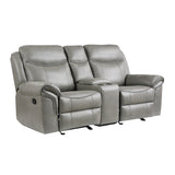 Aram Gray Faux Leather Double Glider Reclining Loveseat with Center Console, Receptacles and USB Ports from Homelegance - Luna Furniture