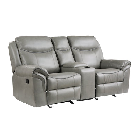 Aram Gray Faux Leather Double Glider Reclining Loveseat with Center Console, Receptacles and USB Ports from Homelegance - Luna Furniture