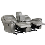 Aram Gray Faux Leather Double Glider Reclining Loveseat with Center Console, Receptacles and USB Ports from Homelegance - Luna Furniture