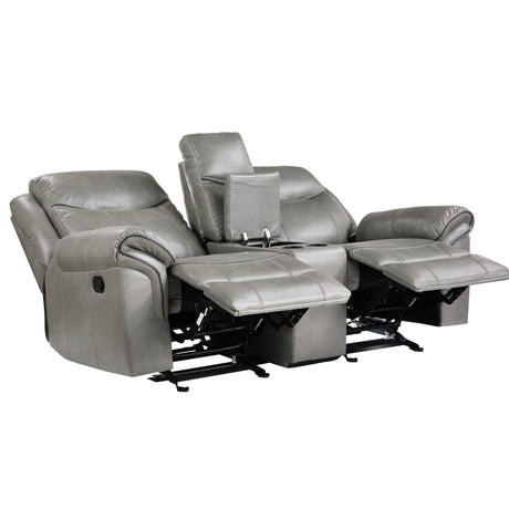 Aram Gray Faux Leather Double Glider Reclining Loveseat with Center Console, Receptacles and USB Ports from Homelegance - Luna Furniture