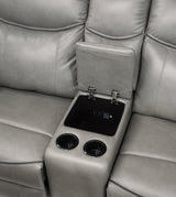 Aram Gray Faux Leather Double Glider Reclining Loveseat with Center Console, Receptacles and USB Ports from Homelegance - Luna Furniture