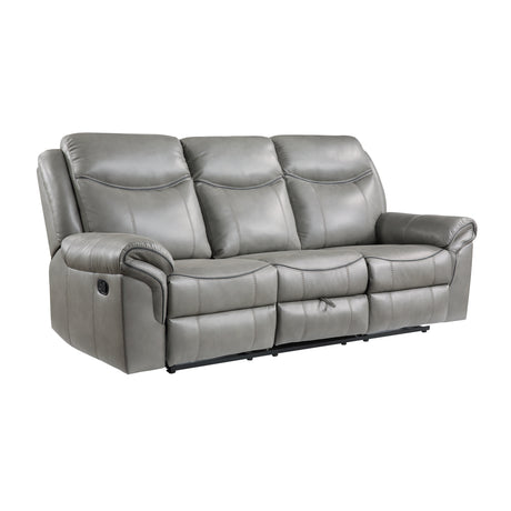 Aram Gray Faux Leather Double Reclining Sofa with Center Drop-Down Cup Holders, Receptacles, Hidden Drawer and USB Ports from Homelegance - Luna Furniture