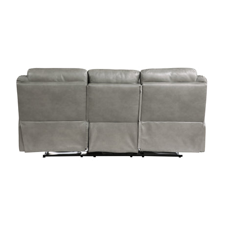Aram Gray Faux Leather Double Reclining Sofa with Center Drop-Down Cup Holders, Receptacles, Hidden Drawer and USB Ports from Homelegance - Luna Furniture