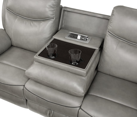 Aram Gray Faux Leather Double Reclining Sofa with Center Drop-Down Cup Holders, Receptacles, Hidden Drawer and USB Ports from Homelegance - Luna Furniture