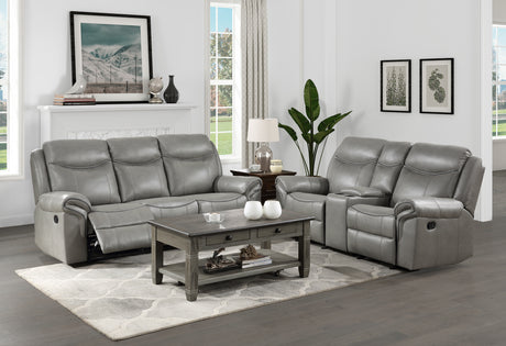 Aram Gray Faux Leather Double Reclining Sofa with Center Drop-Down Cup Holders, Receptacles, Hidden Drawer and USB Ports from Homelegance - Luna Furniture