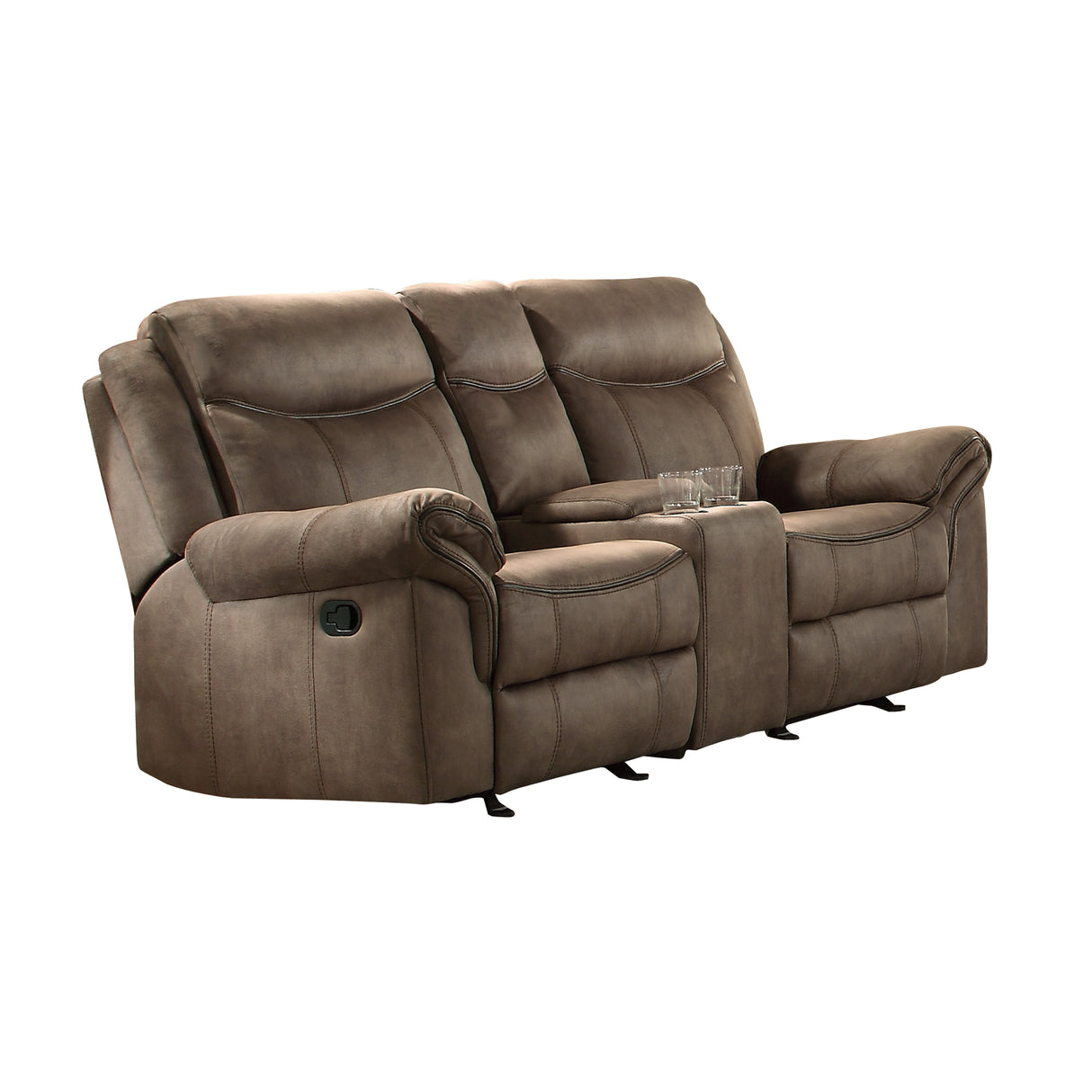 Aram Brown Fabric Double Glider Reclining Loveseat with Center Console, Receptacles and USB Ports from Homelegance - Luna Furniture