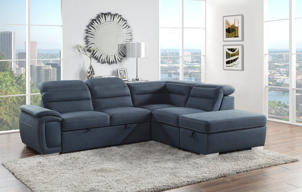 8277NBU* (3)3-Piece Sectional with Adjustable Headrests, Pull-out Bed and Right Chaise with Storage Ottoman - Luna Furniture