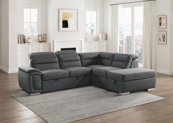 8277NGY* (3)3-Piece Sectional with Adjustable Headrests, Pull-out Bed and Right Chaise with Storage Ottoman - Luna Furniture