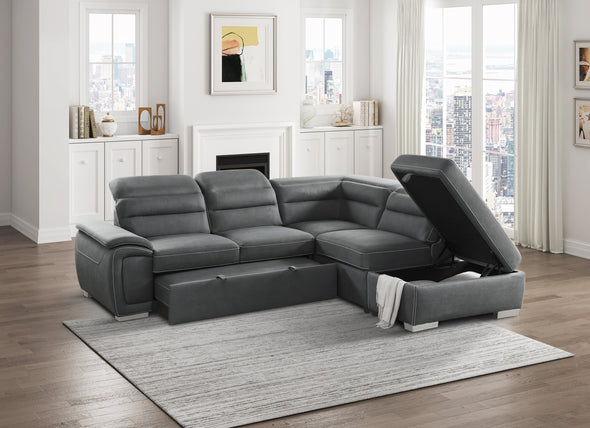 8277NGY* (3)3-Piece Sectional with Adjustable Headrests, Pull-out Bed and Right Chaise with Storage Ottoman - Luna Furniture