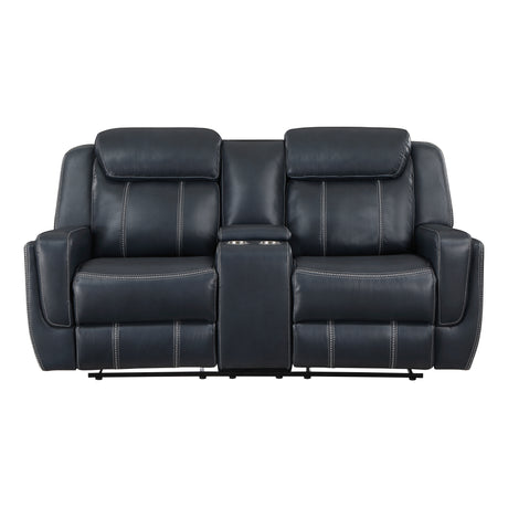 Littleton Blue Double Reclining Loveseat with Center Console, Receptacles and USB Ports from Homelegance - Luna Furniture