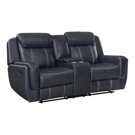 Littleton Blue Double Reclining Loveseat with Center Console, Receptacles and USB Ports from Homelegance - Luna Furniture