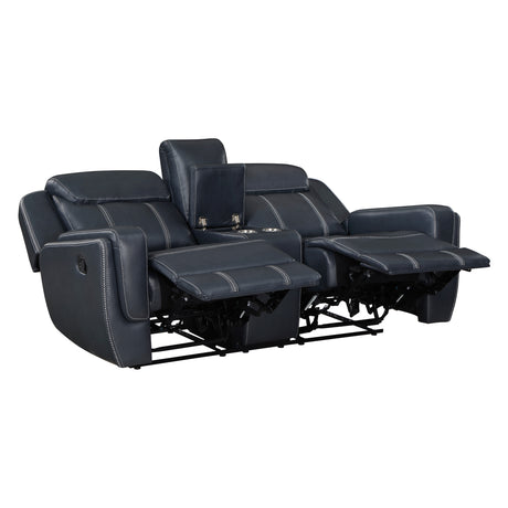 Littleton Blue Double Reclining Loveseat with Center Console, Receptacles and USB Ports from Homelegance - Luna Furniture