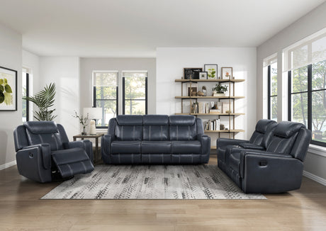 Littleton Blue Double Reclining Loveseat with Center Console, Receptacles and USB Ports from Homelegance - Luna Furniture