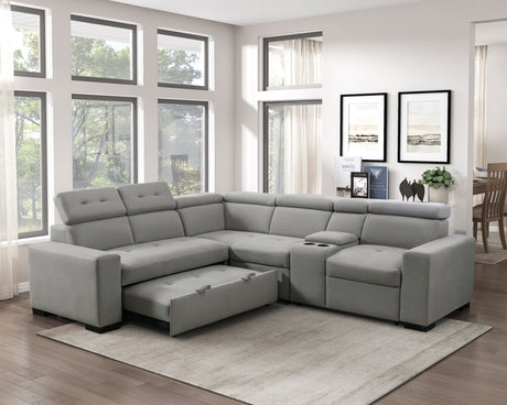 9219GY*SC (3)3-Piece Sectional with Adjustable Headrests, Pull-out Bed and Console - Luna Furniture