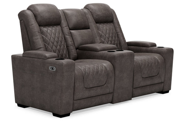 HyllMont Gray Power Reclining Loveseat with Console