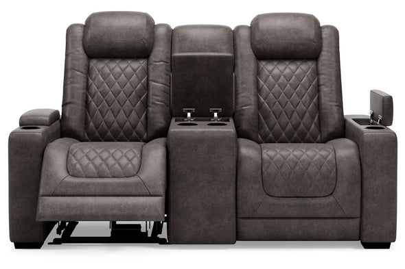 HyllMont Gray Power Reclining Loveseat with Console