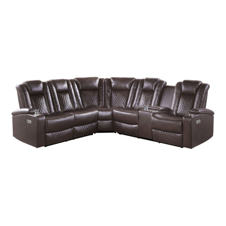 9366DB*SC (3)3-Piece Reclining Sectional with Drop-Down Cup Holders, Console, Power Headrests, Storage Arms, Cup holders and LED Lights - Luna Furniture
